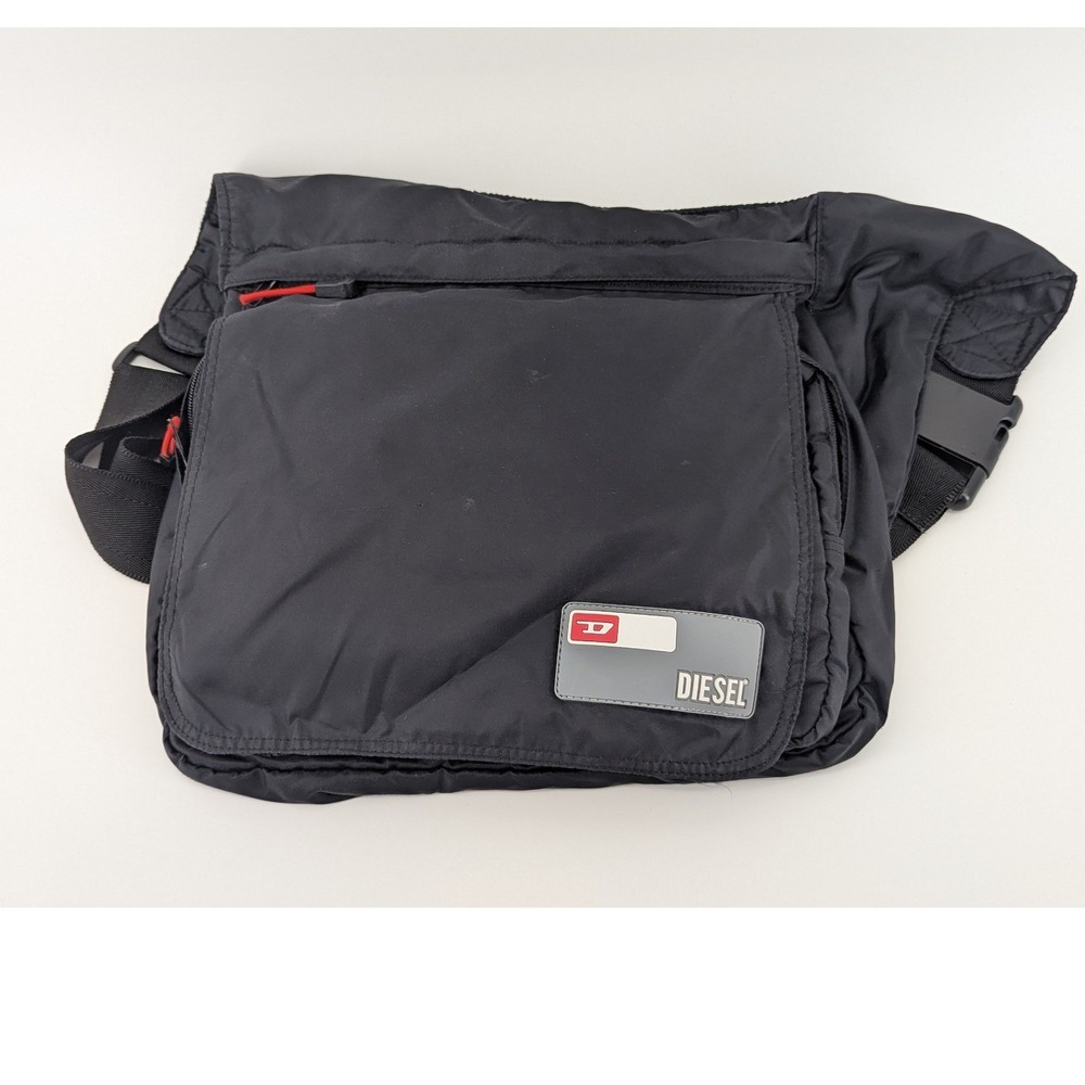 Diesel Black Nylon Crossbody Messenger Bag Red Accents Multi-Pocket Utility bag